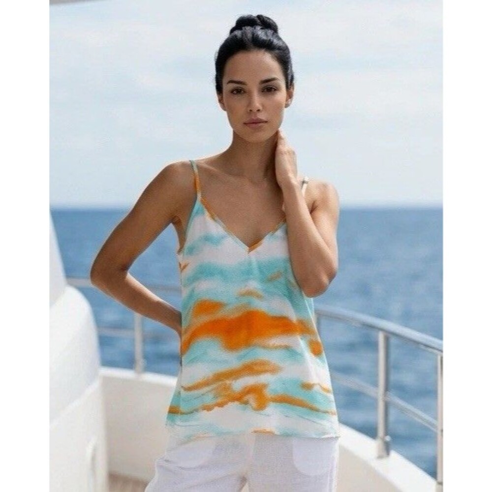 entro Blue Orange White Tie-Dye Satin V-Neck Spaghetti Cami Tank Top S